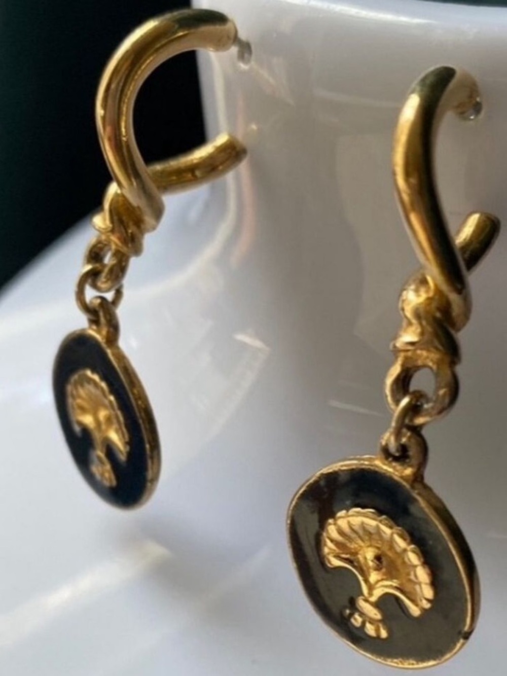 Sara Coventry Signed Gold + Black Palmette Deco Inspired Drop Pierced Earrings